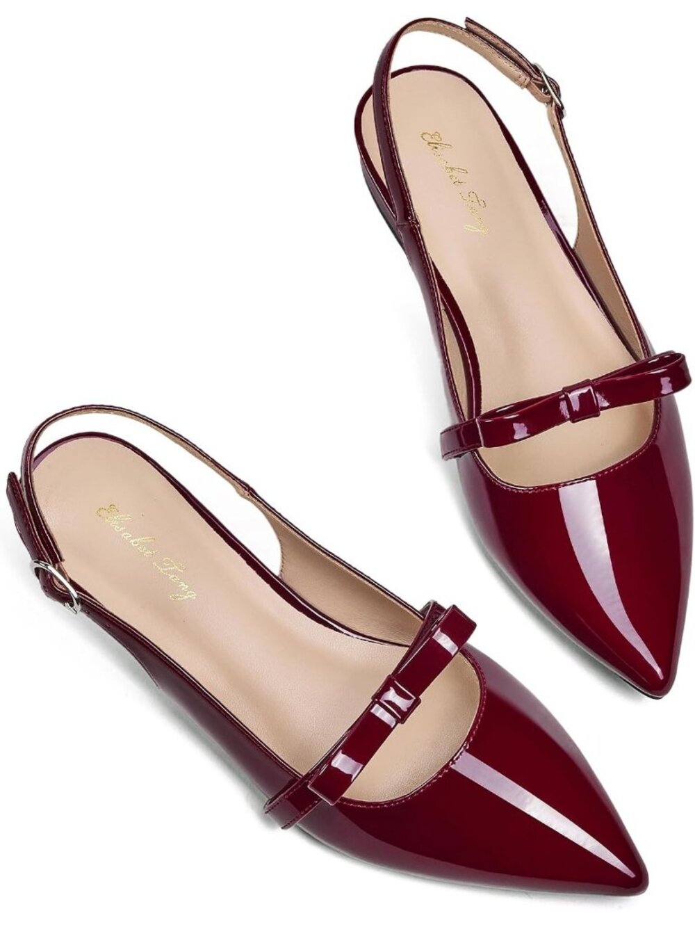 Women's Wine Red Leather Slingback Flats Rhinestone Closed Pointed Toe Shoes